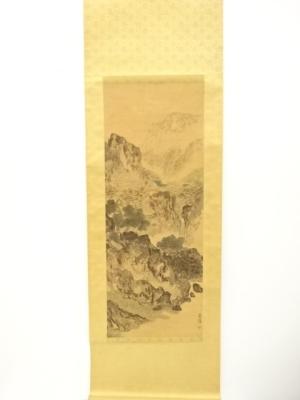 亮渓筆　水墨山水　肉筆絹本掛軸（保護箱）